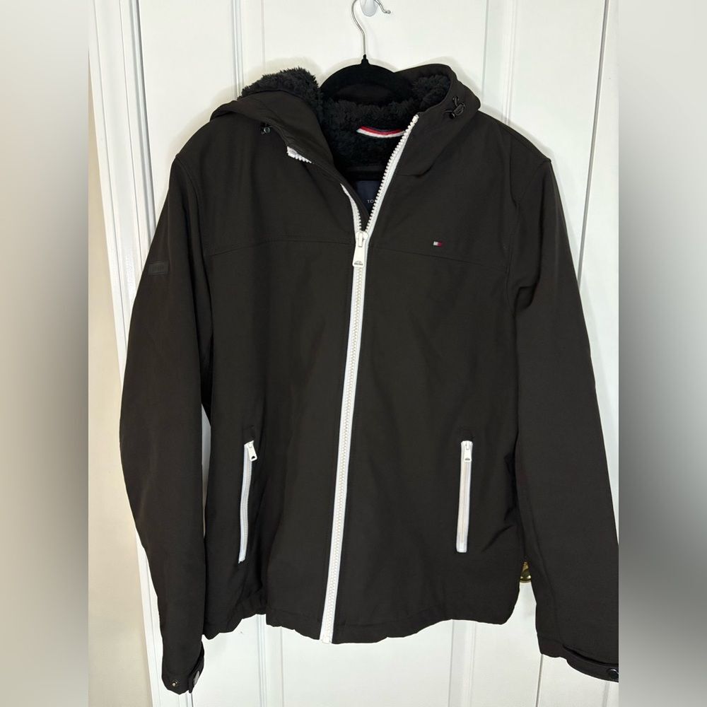 Tommy Hilfiger Black Hooded Jacket Fleece Lined Sz L